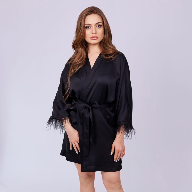 Peignoir femme en satin noir à plumes personnalisé, cadeau pour la témoin