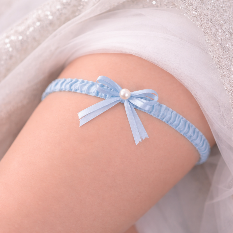 Blue Bridal Garter with pearls and bow Handmade – BRIDAL STOLE