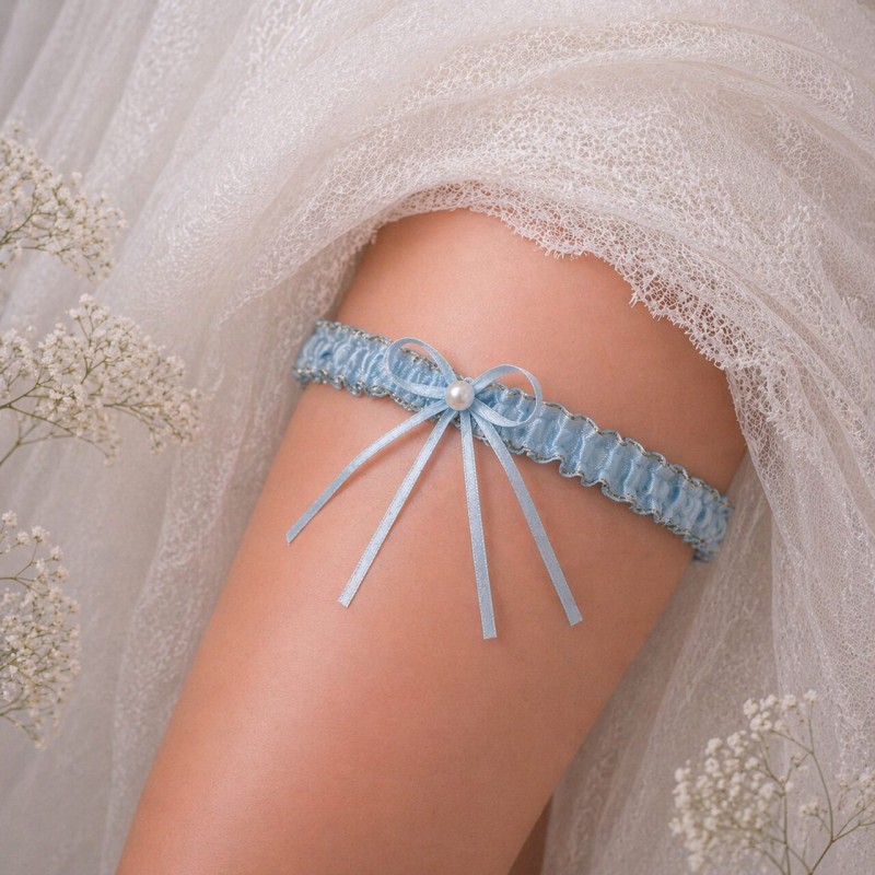 Blue bridal garter with a pearl and gold embellishment – handmade | BRIDAL STOLE