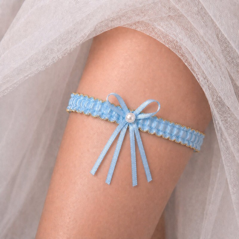 Blue bridal garter with a pearl and gold embellishment – handmade | BRIDAL STOLE