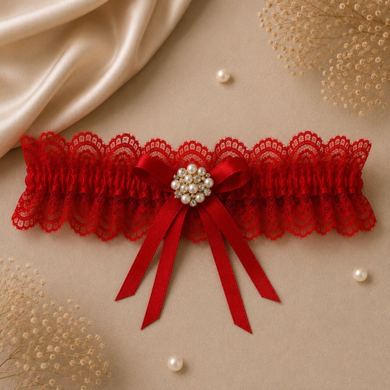 Red Lace Prom Garter with Gold Button – Elegant Accessory for Prom Night