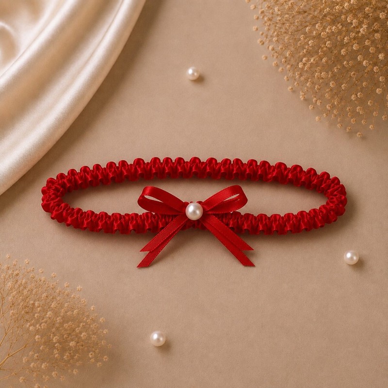 Red Satin Prom Garter with Bow and Pearl – Handmade | BRIDAL STOLE